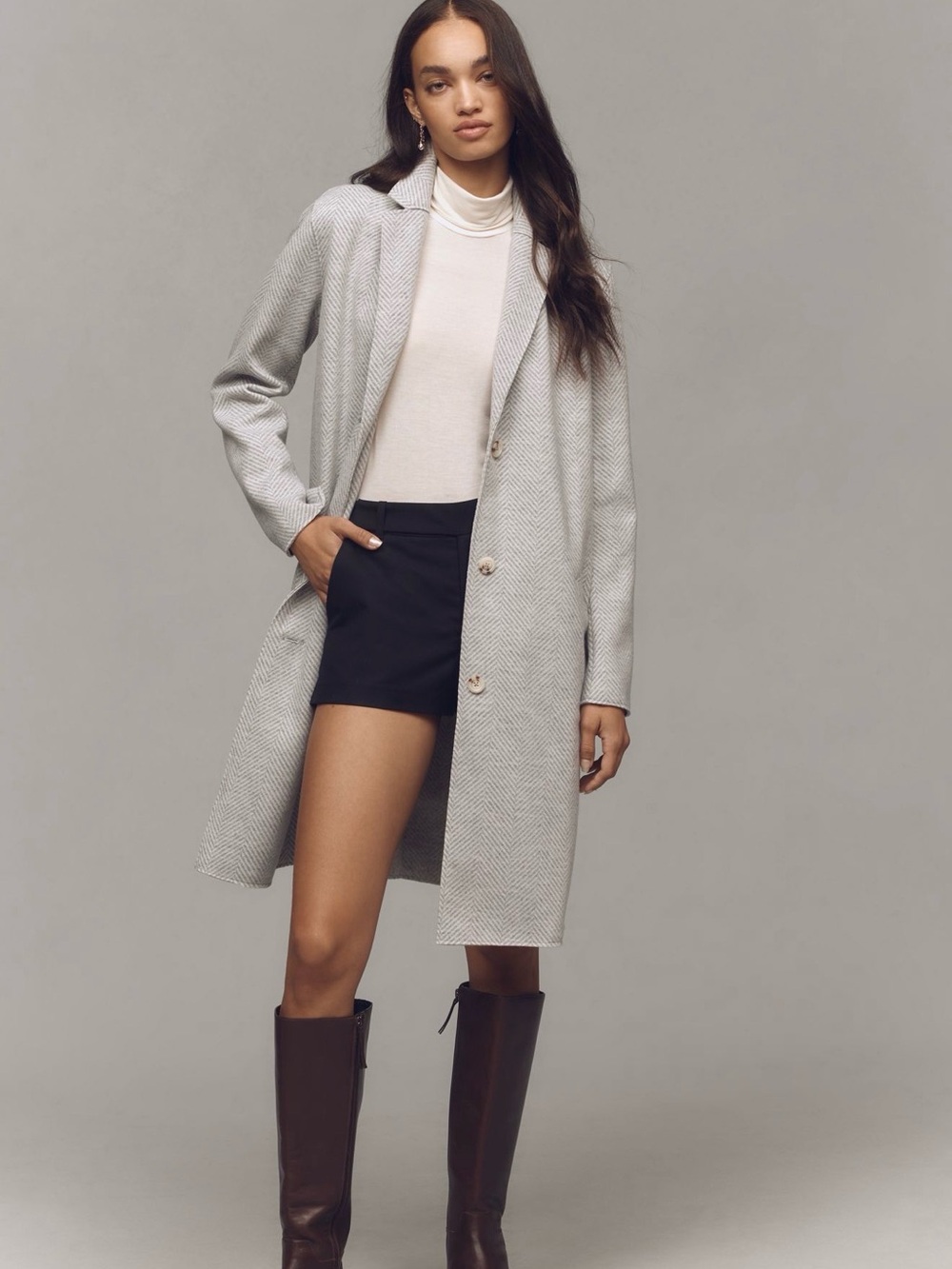 Maeve Knit Car Coat Light Gray Chevron XL